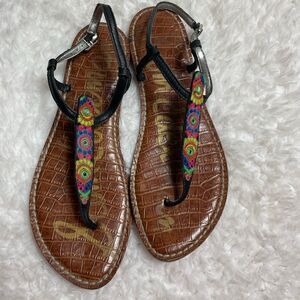 Sam Edelman Gigi leather multi color embroidery black T Strap thong sandals SZ9M